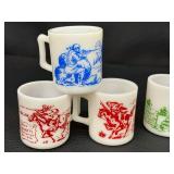 Set of 6 Vintage Milk Glass Mugs with Davy Crockett and Wyatt Earp Designs