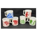 Set of 6 Vintage Milk Glass Mugs with Davy Crockett and Wyatt Earp Designs