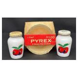 Vintage Anchor Hocking Milk Glass Salt and Pepper Shakers with Pyrex Pie Dishes