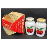 Vintage Anchor Hocking Milk Glass Salt and Pepper Shakers with Pyrex Pie Dishes