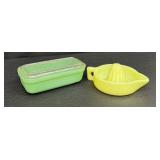 Vintage Fire King Jadeite Refrigerator Dish and Sunkist Juicer Set