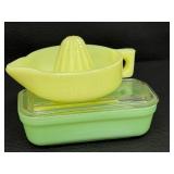 Vintage Fire King Jadeite Refrigerator Dish and Sunkist Juicer Set