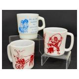 Set of 3 Vintage Milk Glass Mugs with Humorous Designs