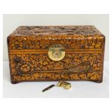 Vintage Ornately Carved Wooden Jewelry Box with Brass Lock