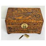 Vintage Ornately Carved Wooden Jewelry Box with Brass Lock