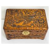 Vintage Ornately Carved Wooden Jewelry Box with Brass Lock