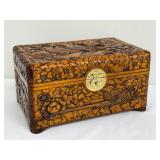 Vintage Ornately Carved Wooden Jewelry Box with Brass Lock