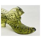 Vintage Fenton Green Glass Cat Head Shoe Figurine