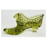 Vintage Fenton Green Glass Cat Head Shoe Figurine