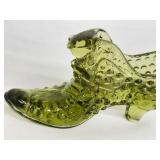 Vintage Fenton Green Glass Cat Head Shoe Figurine
