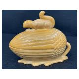 Caramel Slag Glass Covered Squirrel Dish by LE Smith