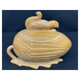 Caramel Slag Glass Covered Squirrel Dish by LE Smith
