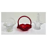 Set of 3 Glass Baskets including Vintage Fenton Ruby Red Rose Glass Basket