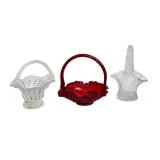 Set of 3 Glass Baskets including Vintage Fenton Ruby Red Rose Glass Basket