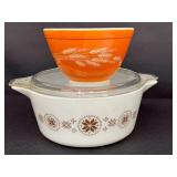 Vintage Pyrex Wheat Orange Bowl and Covered Casserole