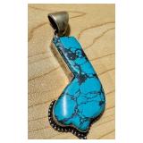 Sterling Silver Turquoise Pendant, Approximately 2"
