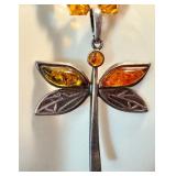 Sterling Silver and Amber Dragonfly Necklace, 14.5"