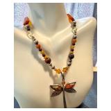Sterling Silver and Amber Dragonfly Necklace, 14.5"