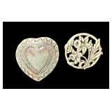Set of 2 Vintage Sterling Silver Brooches - Heart & Floral Designs