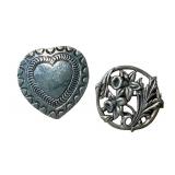 Set of 2 Vintage Sterling Silver Brooches - Heart & Floral Designs