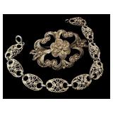 Vintage Filigree Silver Bracelet and Brooch Set