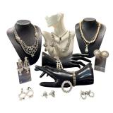 Collection of Vintage Faux Pearl and Rhinestone Jewelry, Featuring Les Bernard Necklace