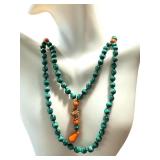 Vintage Malachite and Coral Hand Knotted Chinese Necklace