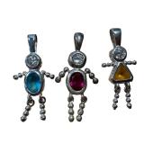 Set of 3 Sterling Silver Children Birthstone Pendants with Gemstones