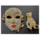 Set of 2 Rhinestone Brooches - Mask and Cat Design