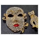 Set of 2 Rhinestone Brooches - Mask and Cat Design