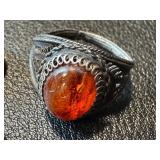 Silver and Amber Vine Cufflinks, Resin Amber-like Pendants, and Vintage Amber Ring