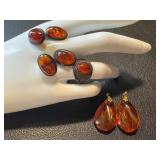 Silver and Amber Vine Cufflinks, Resin Amber-like Pendants, and Vintage Amber Ring