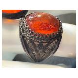 Silver and Amber Vine Cufflinks, Resin Amber-like Pendants, and Vintage Amber Ring