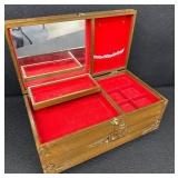 Vintage Wood Carved Jewelry Box with Mirror and Two Drawers