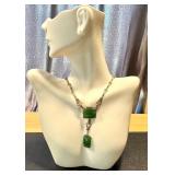 Antique Victorian 16" Jade Necklace with Silver Chain