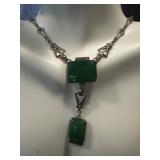 Antique Victorian 16" Jade Necklace with Silver Chain