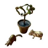 Set of 3 Antique Austrian Cold Painted Bronze Miniatures: Plants and Animals