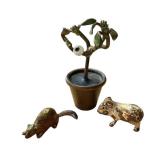 Set of 3 Antique Austrian Cold Painted Bronze Miniatures: Plants and Animals