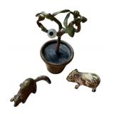 Set of 3 Antique Austrian Cold Painted Bronze Miniatures: Plants and Animals