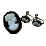 Vintage Cameo Brooch and Matching Earrings Set