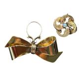 Vintage Gold-Tone Brooch Set with Bow and Round Design