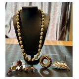 Vintage Gold Tone Crown Trifari Beaded Necklace and Brooches and Earrings