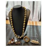 Vintage Gold Tone Crown Trifari Beaded Necklace and Brooches and Earrings