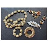 Vintage Gold Tone Crown Trifari Beaded Necklace and Brooches and Earrings