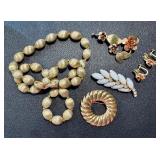 Vintage Gold Tone Crown Trifari Beaded Necklace and Brooches and Earrings