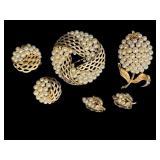 Vintage Crown Trifari Brooch and Earrings Sets with Faux Pearls