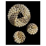 Vintage Crown Trifari Brooch and Earrings Sets with Faux Pearls