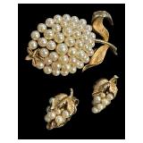 Vintage Crown Trifari Brooch and Earrings Sets with Faux Pearls