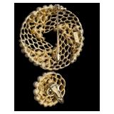 Vintage Crown Trifari Brooch and Earrings Sets with Faux Pearls