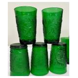 Vintage Anchor Hocking Forest Green Sandwich Glass Tumblers and Juice Glasses